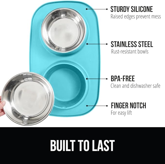 GORILLA GRIP Feeding Mat Set, 4 Cup, Patent Pending 100% Waterproof BPA Free Silicone, Stainless Steel Cat and Dog Bowls, Slip Resistant, Edges Catch Water Food, US Designed Pet Accessories, Turquoise