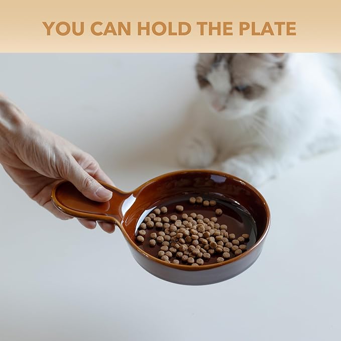 Ceramic Wide Whisker Friendly Cat Dishes, Set of 3 Ceramic Cat Bowls with Handle, Anti-Slip Indoor Kitten Feeding Food& Water Dish to Prevent Whisker Fatigue(3 Pcs, Caramel Brown)