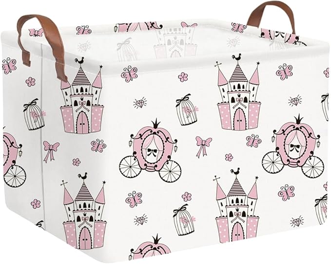 FXOCSHE Rectangular castle Storage Basket,Kids Dirty Clothes Hamper,Waterproof canvas storage basket,Books Box,Girls Room decor(Pink Princess)