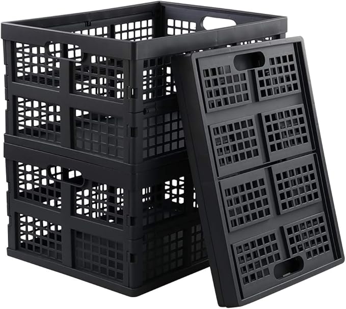 EudokkyNA 3-Pack 30 L Plastic Folding Storage Crates, Collapsible Crates Basket