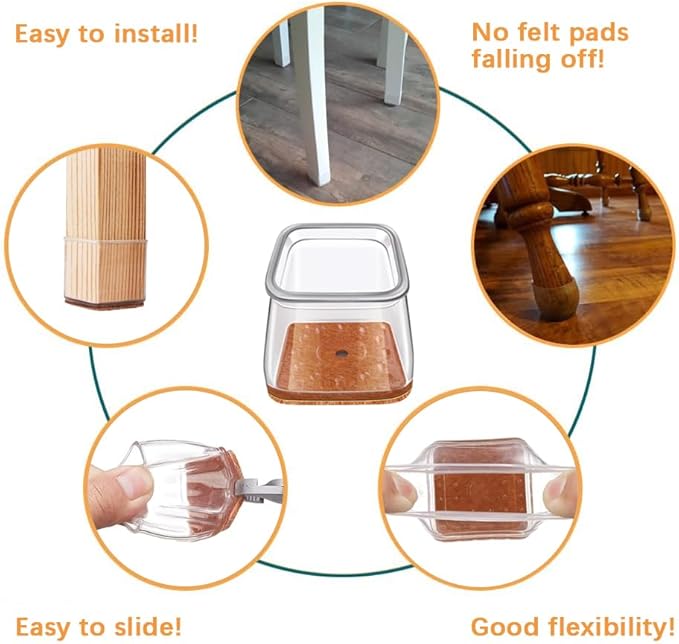 Ansible 24 pcs Square Large Chair Leg Floor Protectors, Furniture Felt Pads Silicone Covers caps for Chairs,Chair Leg Protectors for Hardwood Floors (Large fit:1'' to 1-5/8'')