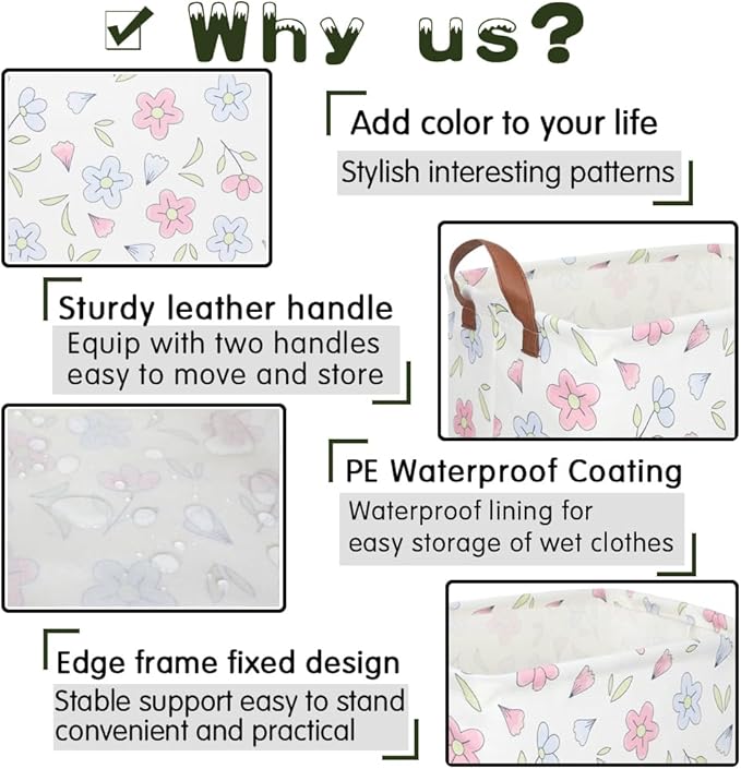 FXOLCSHE Rectangular Flower Basket,kids laundry Hamper,Baby Girls Nursery Hamper,Waterproof foldable Kid's storage basket,Clothes Organizer Basket,Girls Room Decor(Blue flowers)