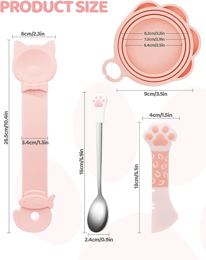 Aecsze 5 PCS Cat Food Can Covers Lids Set - Cute Paw Design Pet Cans Lids Covers with Can Opener, Wet Food Spoon & Cat Treat Squeeze Spoon for Cats, Dogs (Pink)