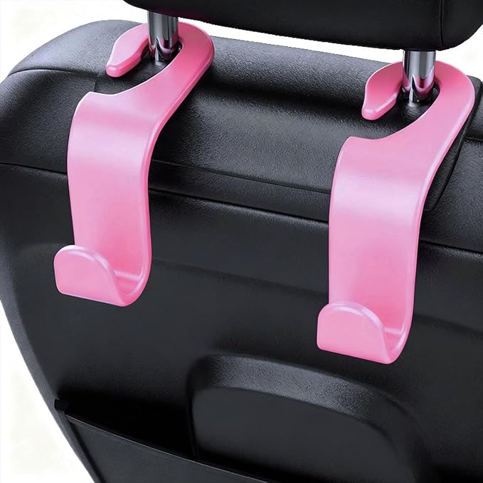 ANULEYO 4 car Hooks for headrests, PE Material seat Back Hooks and Phone Holder, Double Headed Pillow, Wallet Storage, Handbags, Bags (Pink)