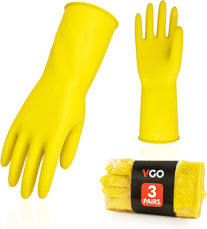 Vgo... 3-Pairs Reusable Household Gloves, Rubber Dishwashing gloves, Extra Thickness, Long Sleeves, Kitchen Cleaning, Working, Painting, Gardening, Pet Care (Size L, Yellow, HH4601)