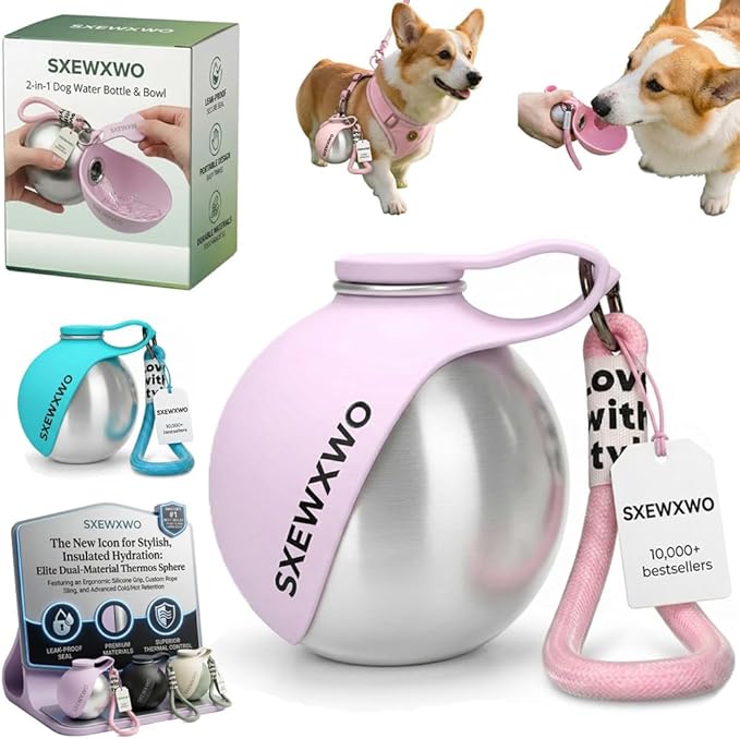 The 2-in-1 Dog Water Bottle & Bowl 2026 New Portable Trave Pet Dispenser Perros Silicone Water Ball Spill Proof Container Design on Walks Walking Hiking Insulated Round Botella Animal (Pink)