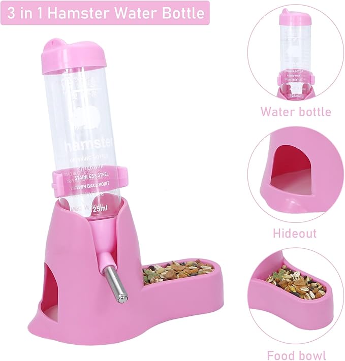 Wontee 3 in 1 Hamster Water Bottle Small Pet Automatic Water Dispenser with Food Container Base Hideout for Dwarf Hamster Mice Gerbils, 2 Pack (Pink, 125ML)