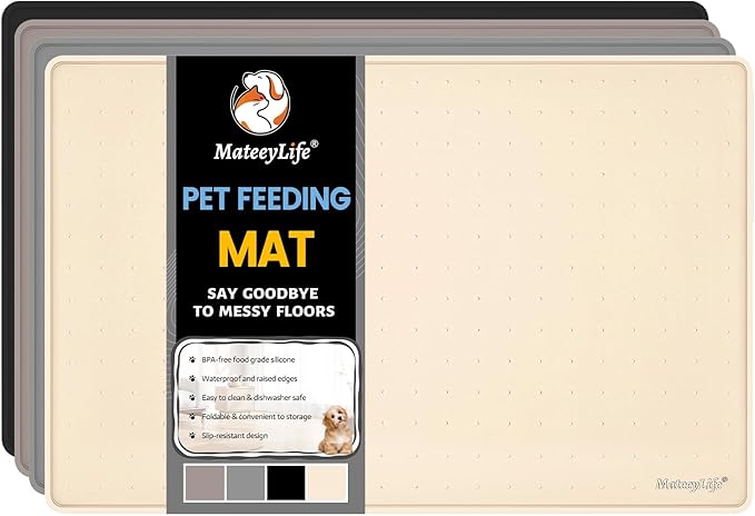 MateeyLife Dog & Cat Food Mat, Waterproof & Nonslip Silicone Feeding Mats for Dogs and Cats, Raised Edge Tray for Messy Drinkers, 22"x14", Beige
