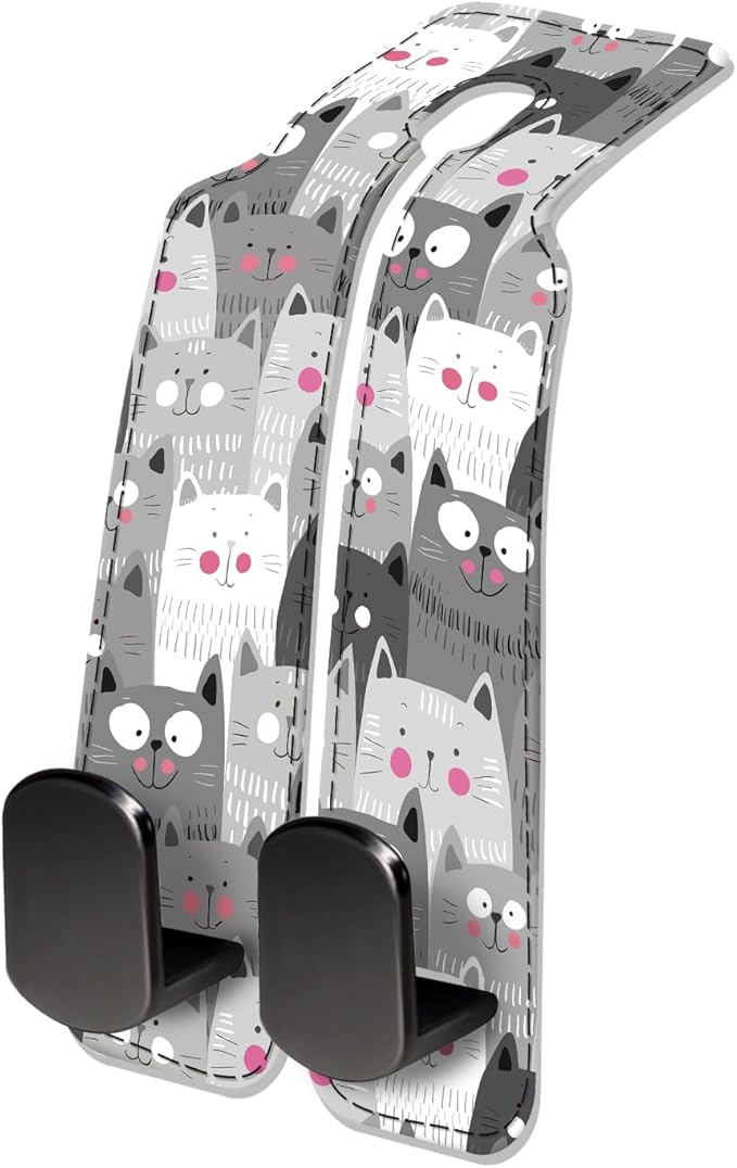 Car Seat Headrest Hook, Universal Leather Cute Hanger Holder Hook, Storage Organizer Interior Accessories for Purse Bags Handbag Funny Grey Cats