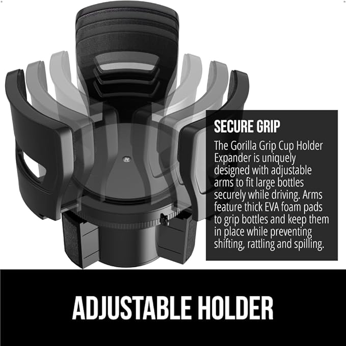 GORILLA GRIP Car Cup Holder Expander 2 Pack, Keeps Large Drink Cups Secure, Expander Fits Yeti, HydroFlask, Stanley 18 to 48oz Large Water Bottles, Coffee Mug, Adjustable Arms and Base Insert, Black