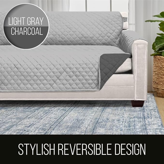 Sofa Shield Couch Sectional Covers for Dogs, Reversible Furniture Protector with Strap, Stain and Tear Resistant Cushion Cover, 30x30 inch Seat, Machine Washable Slipcover Pets Cats, Lt Gray Charcoal