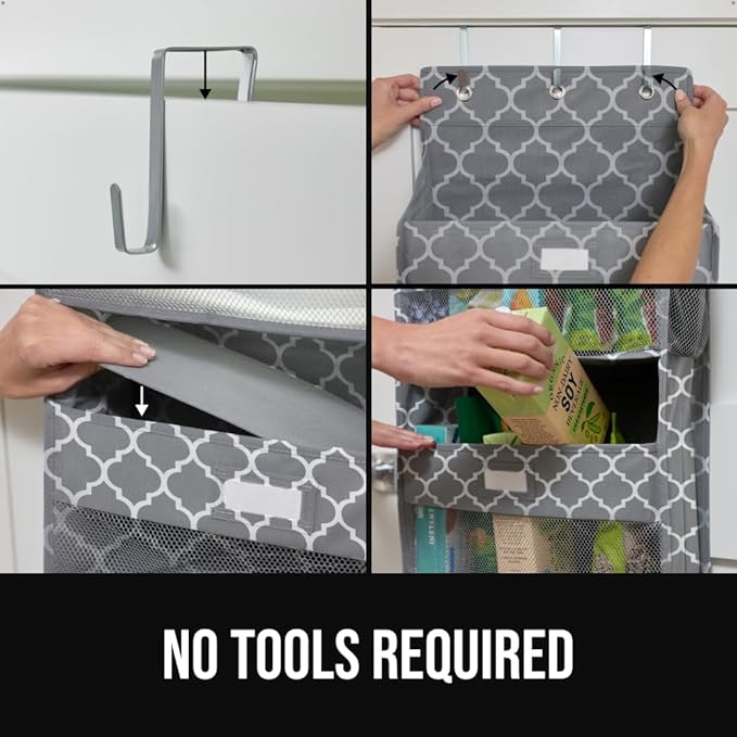 GORILLA GRIP Large Capacity Closet Organizer, 5 Deep Shelves, Holds 50lbs, Over the Door Organizers 6 Mesh Pockets, Shelf Storage for Clothes Crafts Essentials, 3 Metal Hooks, 58x15 Inches, Quatrefoil