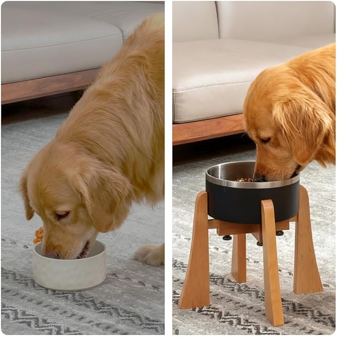 Beech Dog Bowl Stand for Medium Large Dogs,Elevated Dog Bowl Large Breed,Raised Bowl Stand，Adjustable Width for Different Bowls,Feeding Station with Non-Slip Feet (12-inch High)