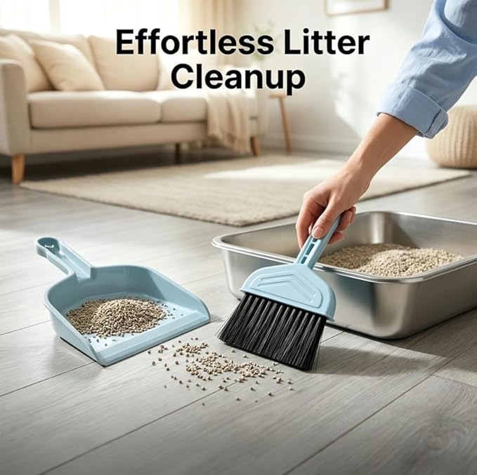 4-in-1 Cat Litter Scoop with Holder, Cat Litter Box Organizer Cleanup Kit - Sweeper & Dustpan, Aluminium Kitty Litter Scooper and Storage Caddy, Heavy Duty Cat Litter Box Cleaning Supplies