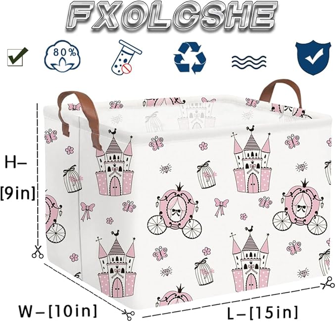 FXOCSHE Rectangular castle Storage Basket,Kids Dirty Clothes Hamper,Waterproof canvas storage basket,Books Box,Girls Room decor(Pink Princess)