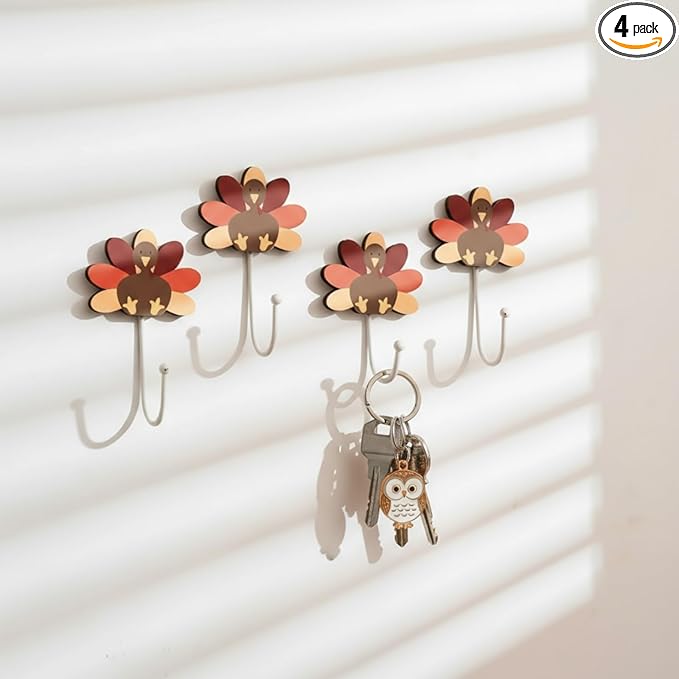 Weysat 4 Pcs Thanksgiving Wall Hooks Turkey Hand Towel Hook Thanksgiving Bathroom Decor Rustic Decorative Wall Mounted Key Holder for Fall Autumn Living Room Bathroom