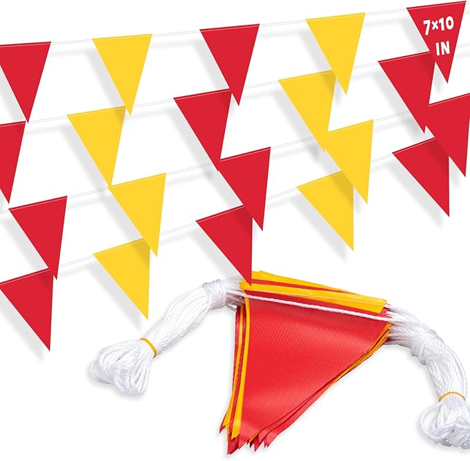 105ft Pennant Banner Flags, 7x10 Red and Yellow 45 Pcs High Visibility Safety Flagging on String, Triangle Pool Flag for Backstroke, Construction Events Party Decoration Parking Marking Outside