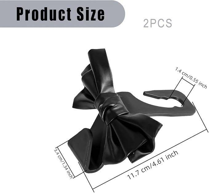 2 PCS Car Seat Headrest Hooks, Cute Bow Purse Hook Hanger for Car Headrest, Universal Leather Purse Holder for Umbrella, Storage Bag, Coat (Black)