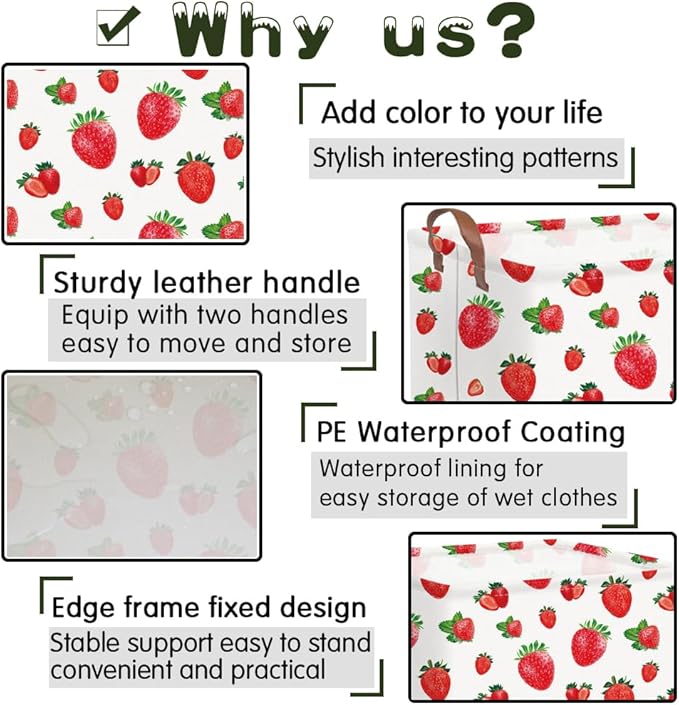 FXOCSHE Rectangular strawberry basket,Waterproof foldable storage box with handle,Gift basket,Baby Girl Baskets,Girl room decor,Books Box(Strawberry)