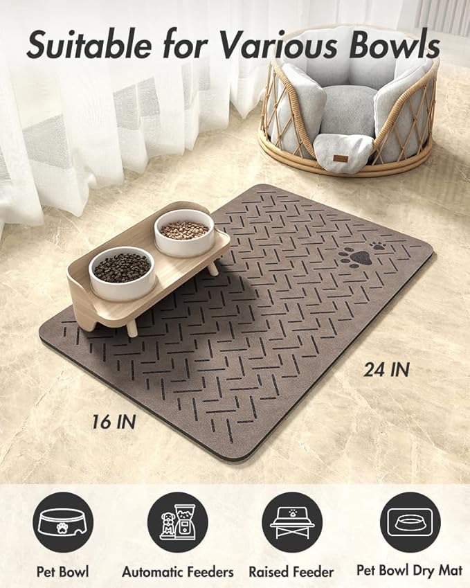 MontVoo-Absorbent Pet Feeding Mat-No Stains Quick Dry Dog Mat for Food and Water Bowl-Rubber Backing Dispenser Mat Accessories Supplies-Dog Bowl Messy Drinkers,(Brown,16"x24")