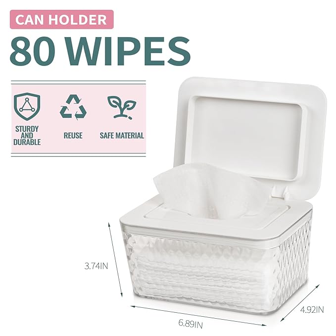 Whiidoom Wipes Dispenser, One-Handed Operation Wipe Holder for Baby & Adult, Seal-Designed Wipes Container for Bathroom Keep Diaper Wipes Fresh (2 Pack White)