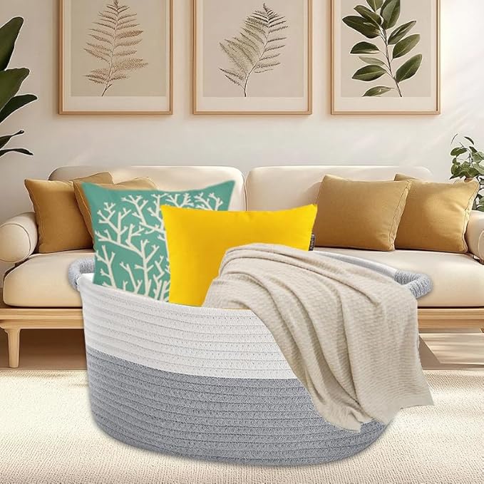 Large Cotton Rope Storage Basket with Handles, Hamper, Laundry Basket, 20 "L x 14" W x 12 "H, Home Decor for Storage Blanket &Toy, etc .(White & Gray）