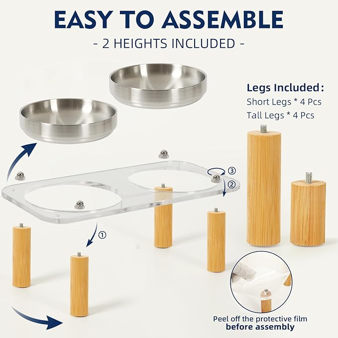 Elevated Cat Bowls for Indoor Cats – Clear Acrylic Cat Food Table with 2 Stainless Steel Dishes, Adjustable Height (4.05"/2.87"), Set of 1