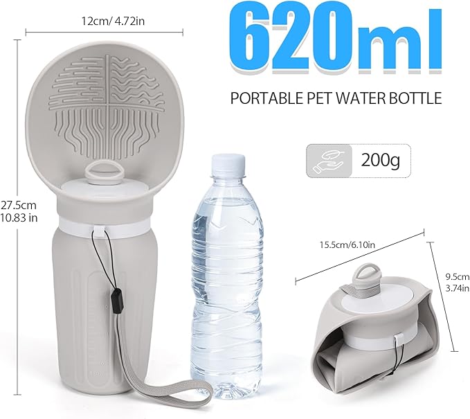 Portable Dog Water Bottle, Leak Proof Collapsible Water Bottles Lightweight Dog Water Bottle Suitable for Pets Outdoor Walking, Hiking, Travel, Camping (Gray, 20.9, Ounces)