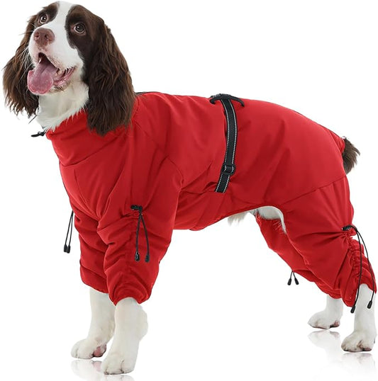 FUAMEY Full Body Dog Coat,Warm Dog Fleece Jackets with Harness Built in Windproof Dogs Snowsuit Zip up Pet Four Legged Pets Jumpsuit Winter Outfit Cold Weather Coats for Medium Dogs Red M