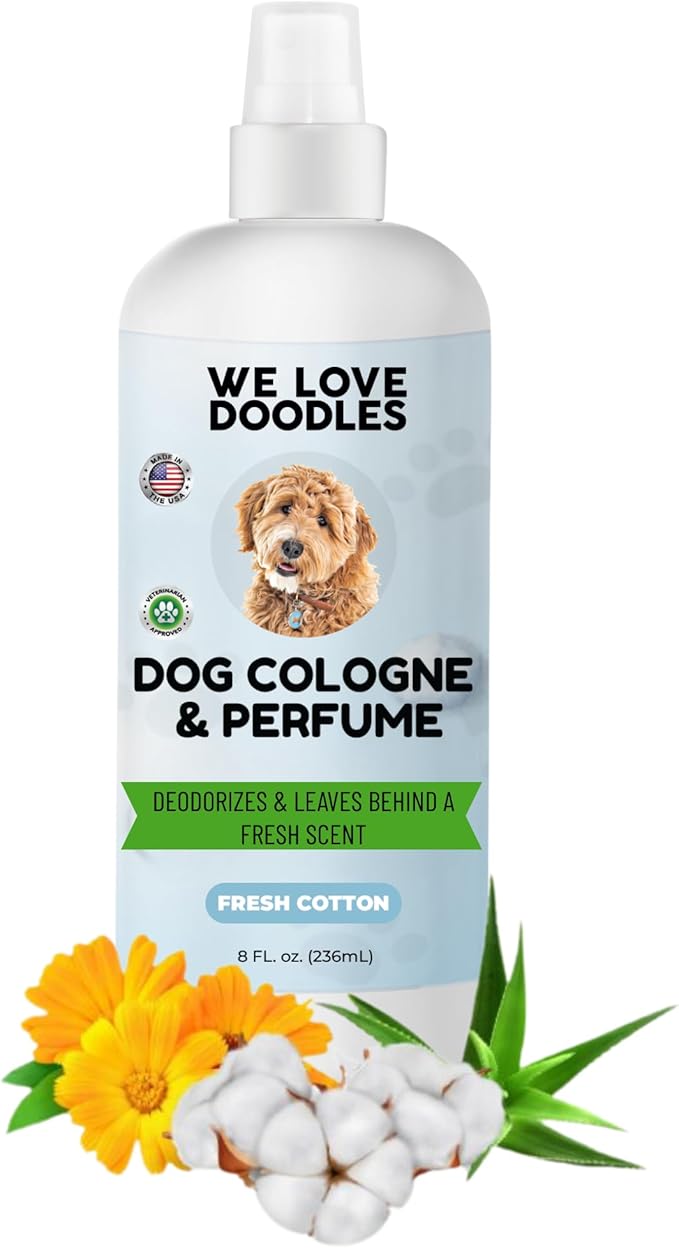 Dog Cologne & Perfume, Deodorizing, Organic, Made In USA, Long Lasting After Bath, Deodorant For Smelly Dogs, Pawfume For Pets, Odor Eliminator Spray Puppies, Fresh Cotton [We Love Doodles]