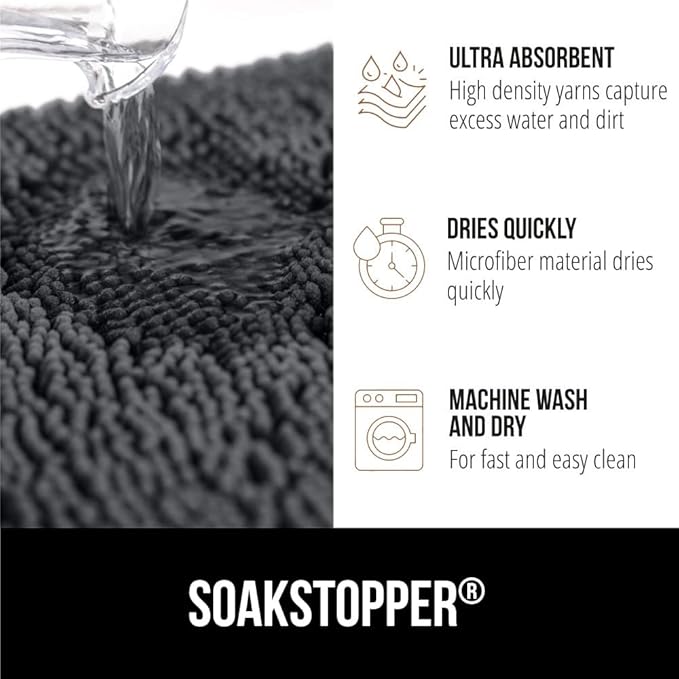 GORILLA GRIP SOAKSTOPPER Dog Door Mat, Machine Washable Rug Absorbent Doormat Captures Moisture Mud Dirt, Quick Dry Soft Chenille Entryway Rugs Indoor Entrance Mats for Dog Paws, 24x17 Charcoal