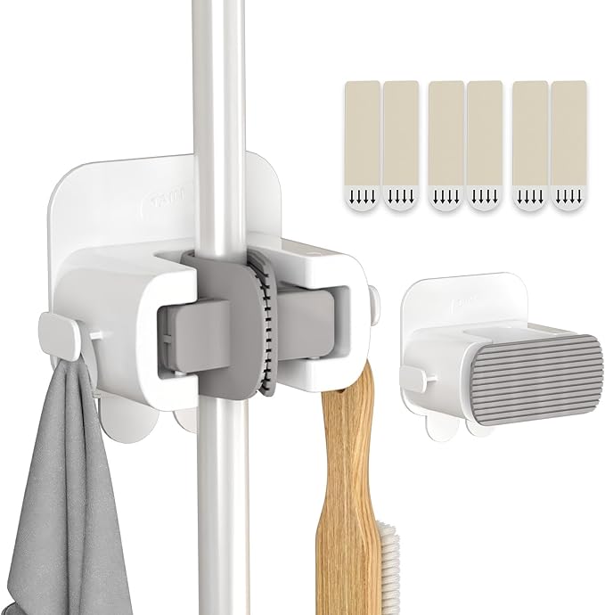 TAILI Mop and Broom Holder Wall Mount Grippers, 2 Hangers and 6 Adhesive Strips, Damage Free Hanging Wall Mount, Household Cleaning Organizer for Organization and Storage, Holds up to 4 lbs, Grey