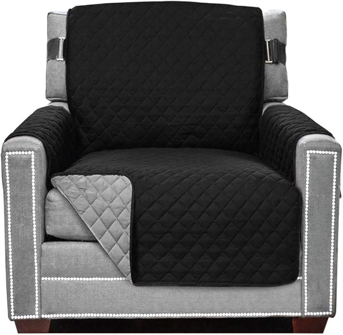 Sofa Shield Armchair Slip Cover with Patented Strap, Cushion Protector, US Designed Reversible Stain and Dog Tear Resistant Slipcover, 23 inch Seat, Washable Covers for Dogs Pets, Black Gray