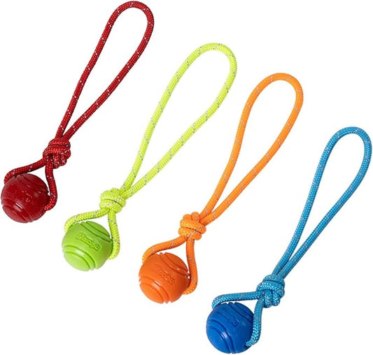 Dog Training Ball on A Rope Rubber Dog Rope Toys Ball with Handle for Tug of War K9 Training Rewards for Belgian Malinois Gifts, 5cm in Diameter for Small Dogs 0-30 Lbs, Pack of 4