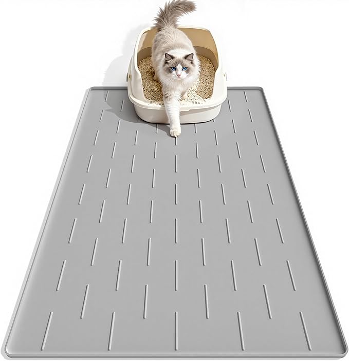 Pieviev Silicone Cat Litter Trapping Mat, 34''x22'' Large Cat Litter Mat, Easy to Clean & Soft on Kitty Paws, Waterproof Kitty Litter Pads for Indoor Cats, Light Grey