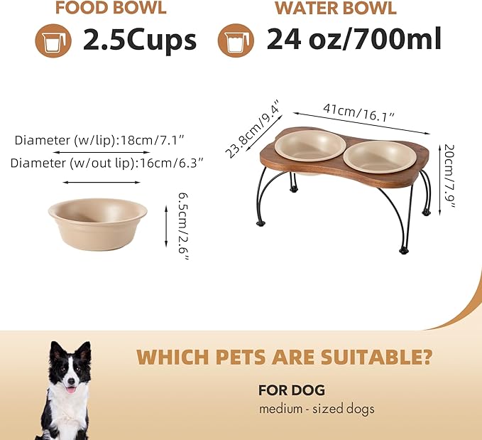 Ceramic 7.1-inch Raised Double-Bowl Set with Non-Slip Stand, 2.5 Cup Food or 24 oz Water Dishes for Medium and Dogs, Wide Opening with Rounded Edges(Oat Beige)