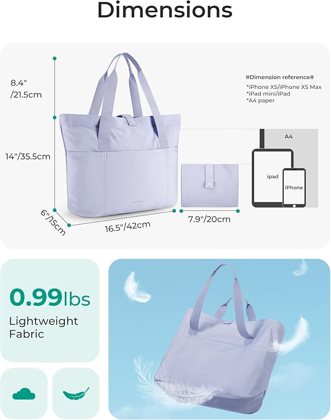 BAGSMART Tote Bag for Women, Foldable Tote Bag With Zipper Travel Large Shoulder Bag Handbag for Work-16.5''l X 6''wx 14''h