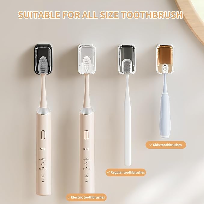 Wall Mounted Toothbrush Holders for Bathroom,Strong Self Adhesive Tooth Brush Holder with Cover, Toothbrush Heads Organizer for Family, 4 Pcs