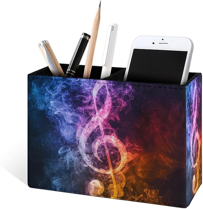 Famame Abstract Music Clef Pencil Holder for Desk, Leather Desktop Container Pen Cup Storage Study Table Pen Organizer Makeup Brush Holder for Classroom Office Home