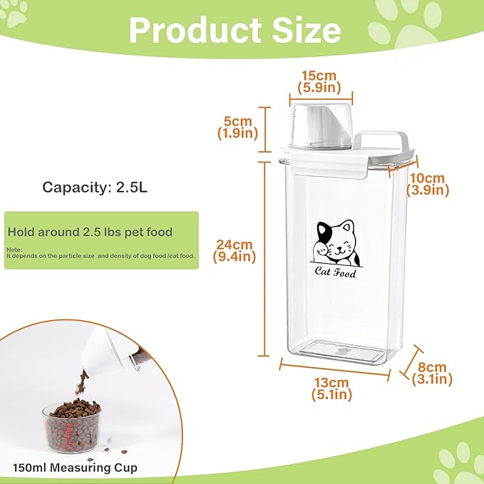 Brabtod Cat Food Storage Container Small |3lb/2.5 L Clear Plastic Cat Food Treats Container Airtight with Measuring Cup|Portable Pet Food Containers Ideal for Travel| Easy Pour|BPA Free