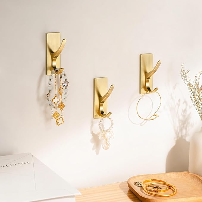 pickpiff Self Adhesive Coat Hooks for Hanging: Heavy Duty Stainless Wall Hook for Towel, Utensil, Backpack, Hat, Sturdy Metal Hanger for Bathroom, Kitchen, Door, 4-Pack, Brushed Gold