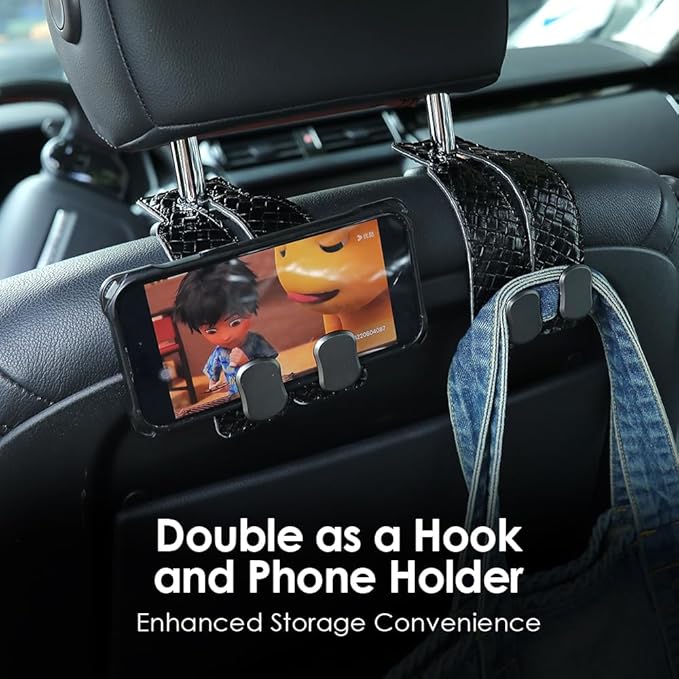 KINIVA 4 Pack Car Seat Hooks for Headrest, PU Leather Purse Hook Holder - Double Hook Design for Bags, Phones, Groceries, Car Back Seat Storage Accessories (07-Black 4 Pcs)