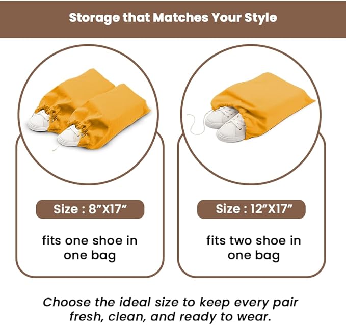 LFH Cotton Rich Shoe Storage Bags with Drawstring, Dustproof Breathable Reusable Organizer, Perfect For Travel, Dorm, Hotel, College, Gym, Easy to Carry, Machine Washable 8"x17" (Pack of 4) - Golden