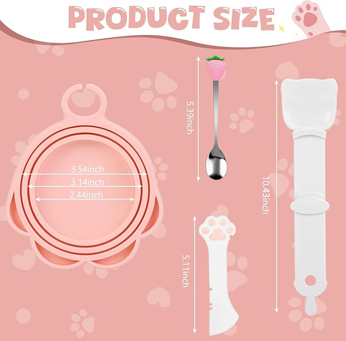 Yummy Sam 5 Pcs Pet Food Can Lids & Spoons Set, Including Wet Food Storage Can Covers for Multiple Sizes Pet Food Cans, Cat Can Opener, Cat Strip Feeder Spoon and Cat Spoons for Wet Food (Pink)