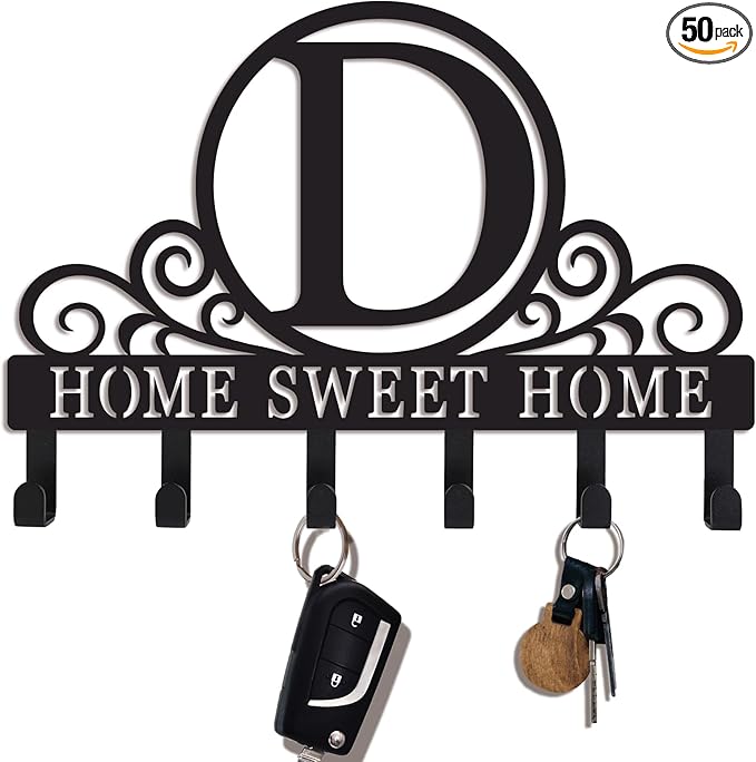 Metal Letter D Key Holder for Wall, Monogram Coat Rack Wall Mount, Key Hooks Perfect for Bathroom, Living Room, Kitchen, Office Ideal Wedding, Anniversary, Housewarming Gift (D)