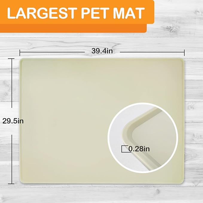 Dog Water Mat 39.4 by 29.5in Extra Large - Silicone Mat for Dog Bowls Waterproof Non Slip - XL Pet Mat for Food and Water Protect Floors - Beige
