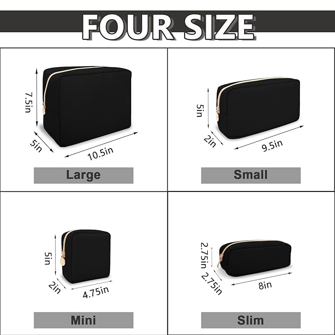 Waterproof Small Makeup Pouch for Purse,Nylon Travel Toiletry Storage Pouch Cute Preppy Cosmetic Bag for Women Girl,Waterproof Makeup Organizer Skincare Bag Purse with Zipper(Small-Black)