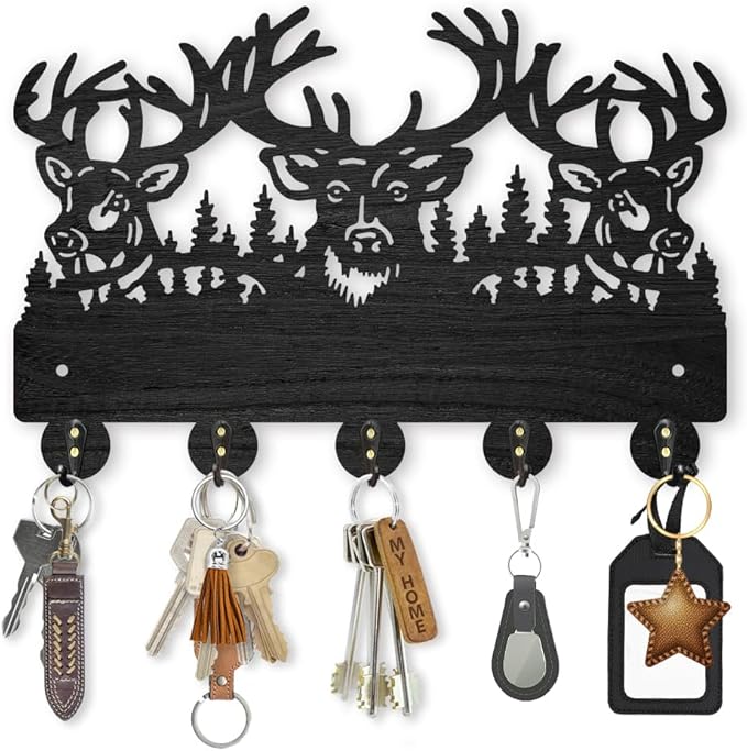 MAYJOYDIY Wood Deer Coat Rack Wall Mount Forest Animal Key Holder for Wall - Elk & Reindeer Wall Hooks - 5 Alloy Hooks for Gift, Entryway, Living Room, Farmhouse, Cabin