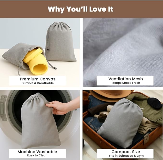 LFH Cotton Rich Shoe Storage Bags with Drawstring, Dustproof Breathable Reusable Organizer, Perfect For Travel, Dorm, Hotel, College, Gym, Easy to Carry, Machine Washable 8"x17" (Pack of 2) - Grey