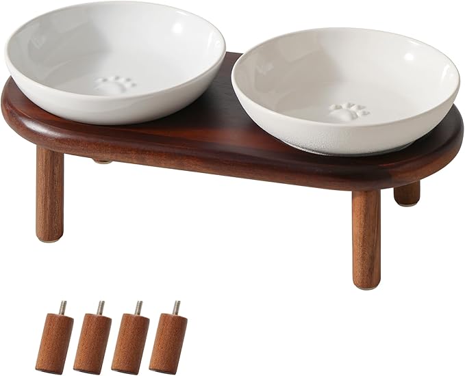 Elevated Ceramic Paw Print Cat Dish, Wide Whisker Friendly Anti-Slip Food & Water Bowl with 2 Heights Adjustable Acacia Wooden Stand for Cats (2 Dishes +Stand, White)